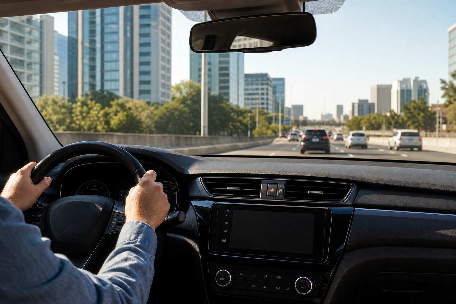 Motorista ao volante em rodovia
